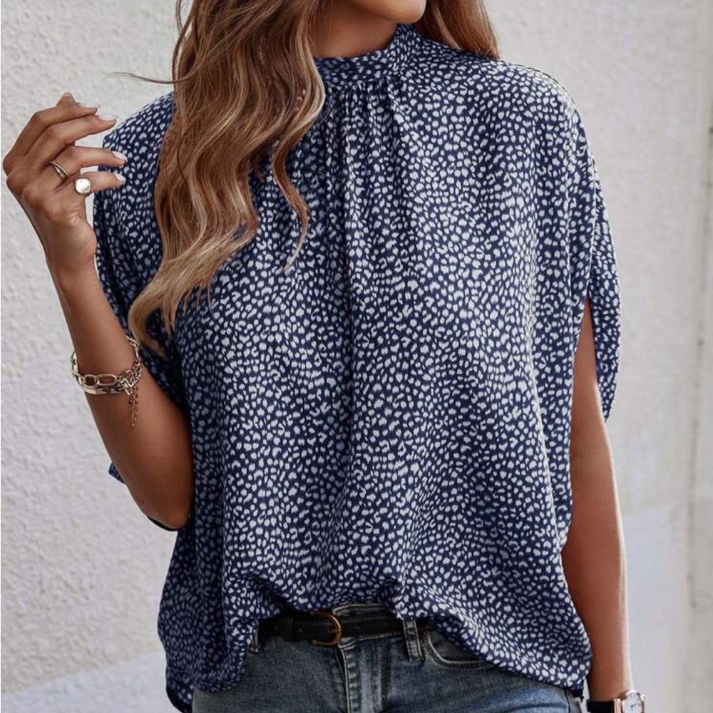Blue Printed Mock-Neck Women's Top